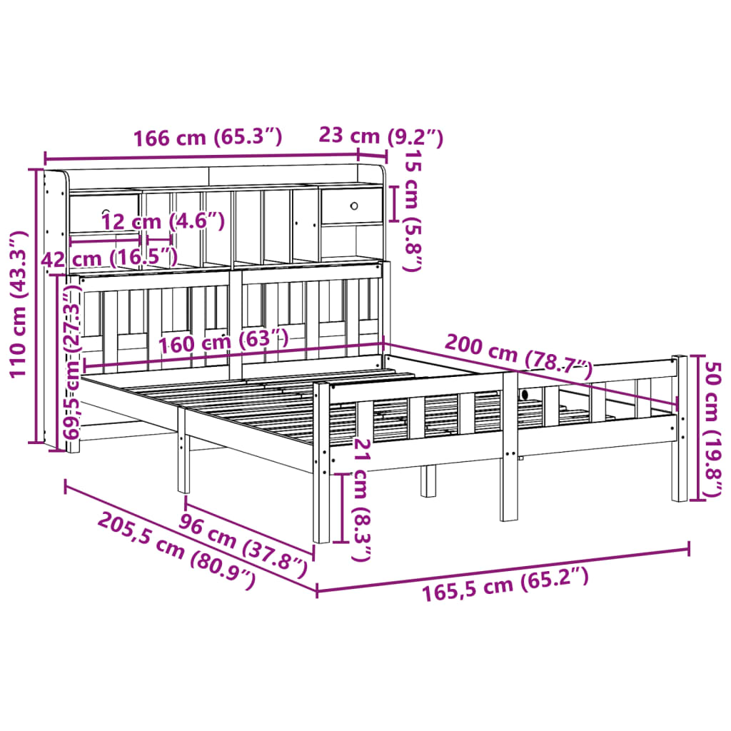 Letto Libreria senza Materasso Bianco 160x200 cm Legno di Pino | homemem39