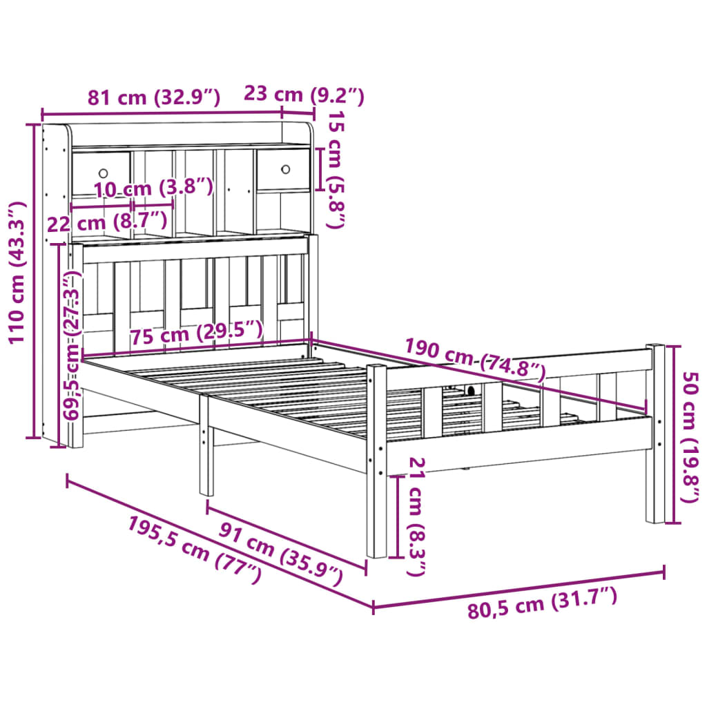 Letto Libreria senza Materasso Marrone Cera 75x190 cm in Pino | homemem39