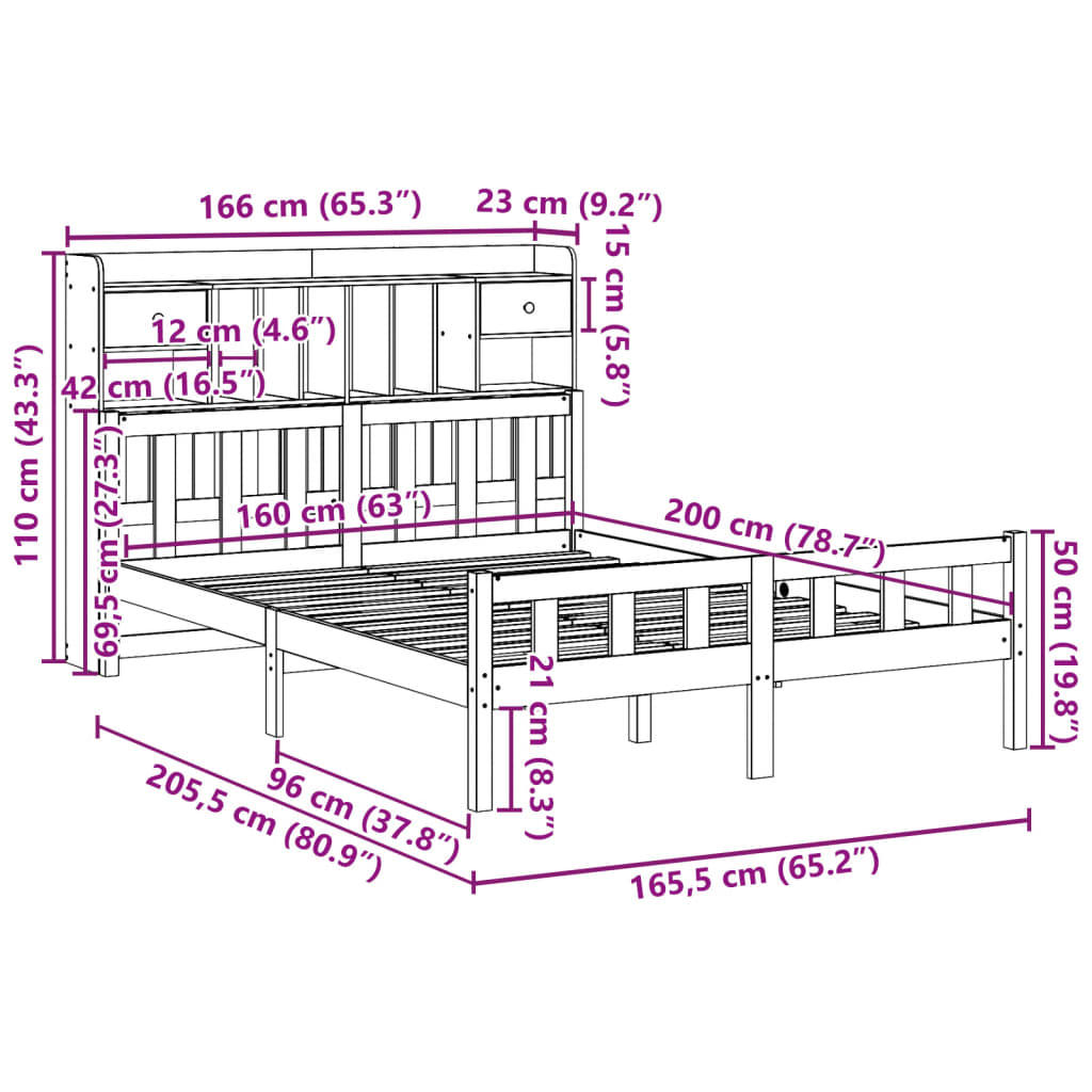Letto Libreria senza Materasso Marrone Cera 160x200 cm in Pino | homemem39