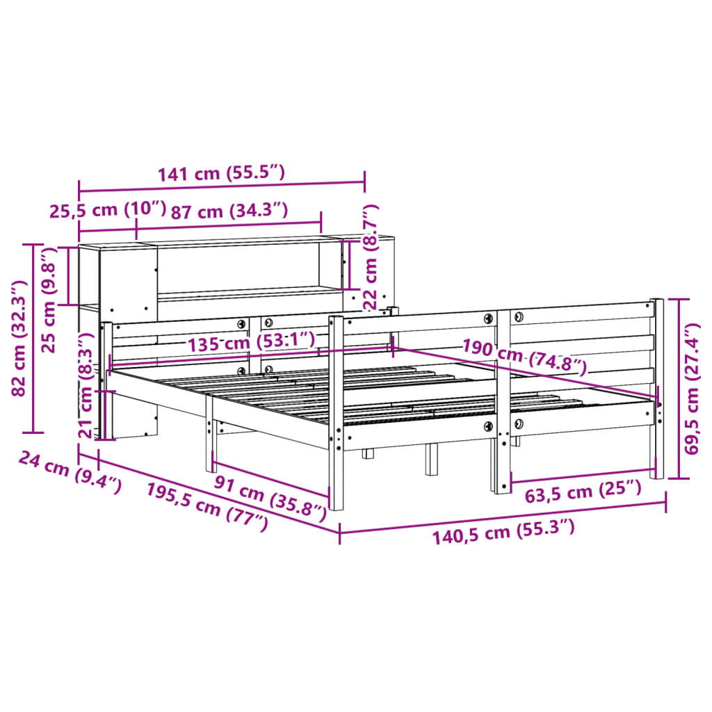 Letto Libreria senza Materasso 135x190 cm in Legno di Pino | homemem39