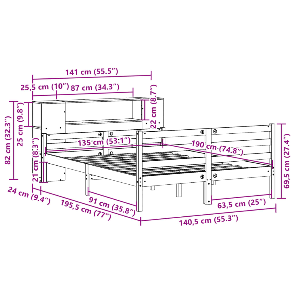 Letto Libreria senza Materasso Bianco 135x190 cm Legno di Pino | homemem39