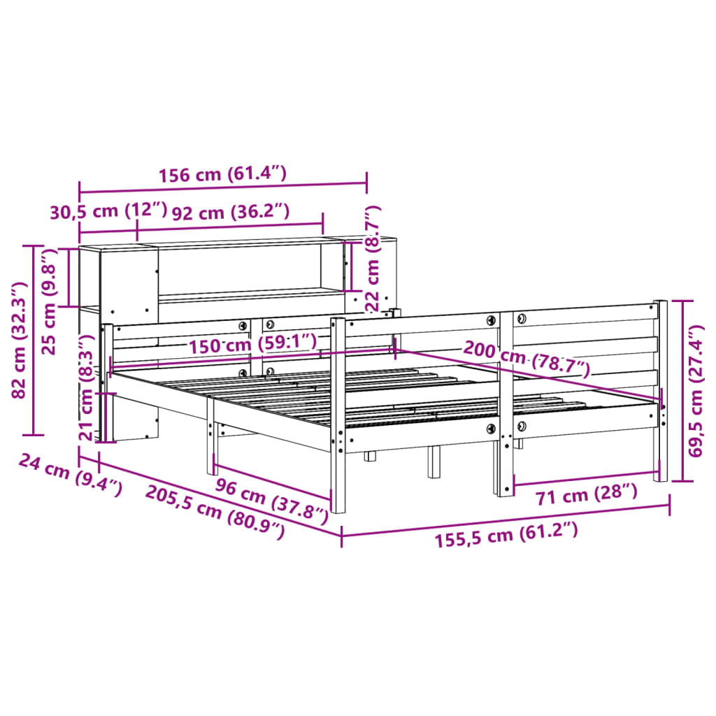 Letto Libreria senza Materasso Bianco 150x200 cm Legno di Pino | homemem39
