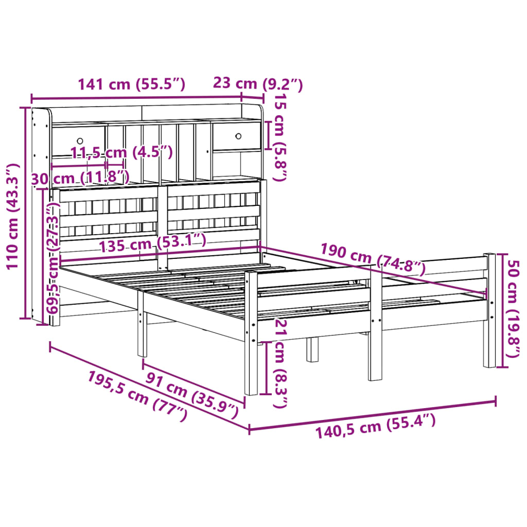 Letto Libreria senza Materasso 135x190 cm in Legno di Pino | homemem39