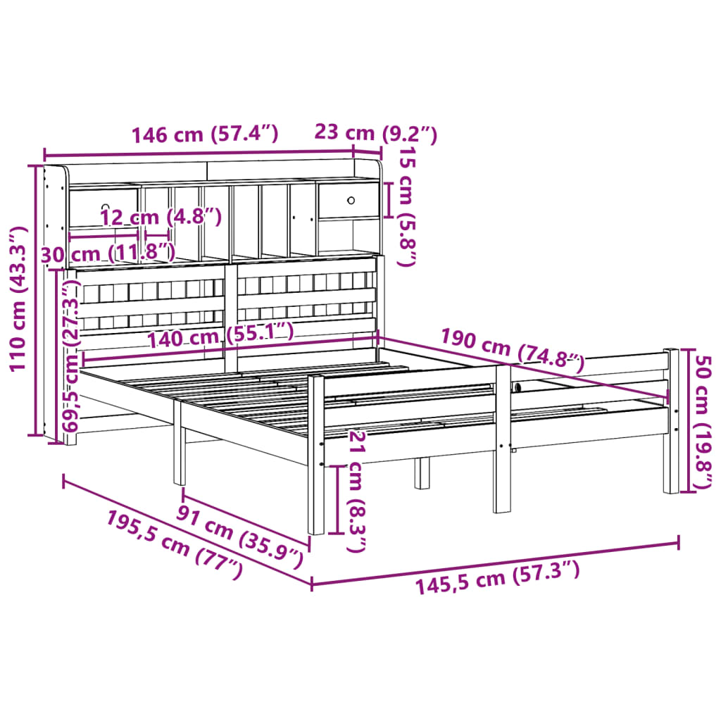 Letto Libreria senza Materasso 140x190 cm in Legno di Pino | homemem39
