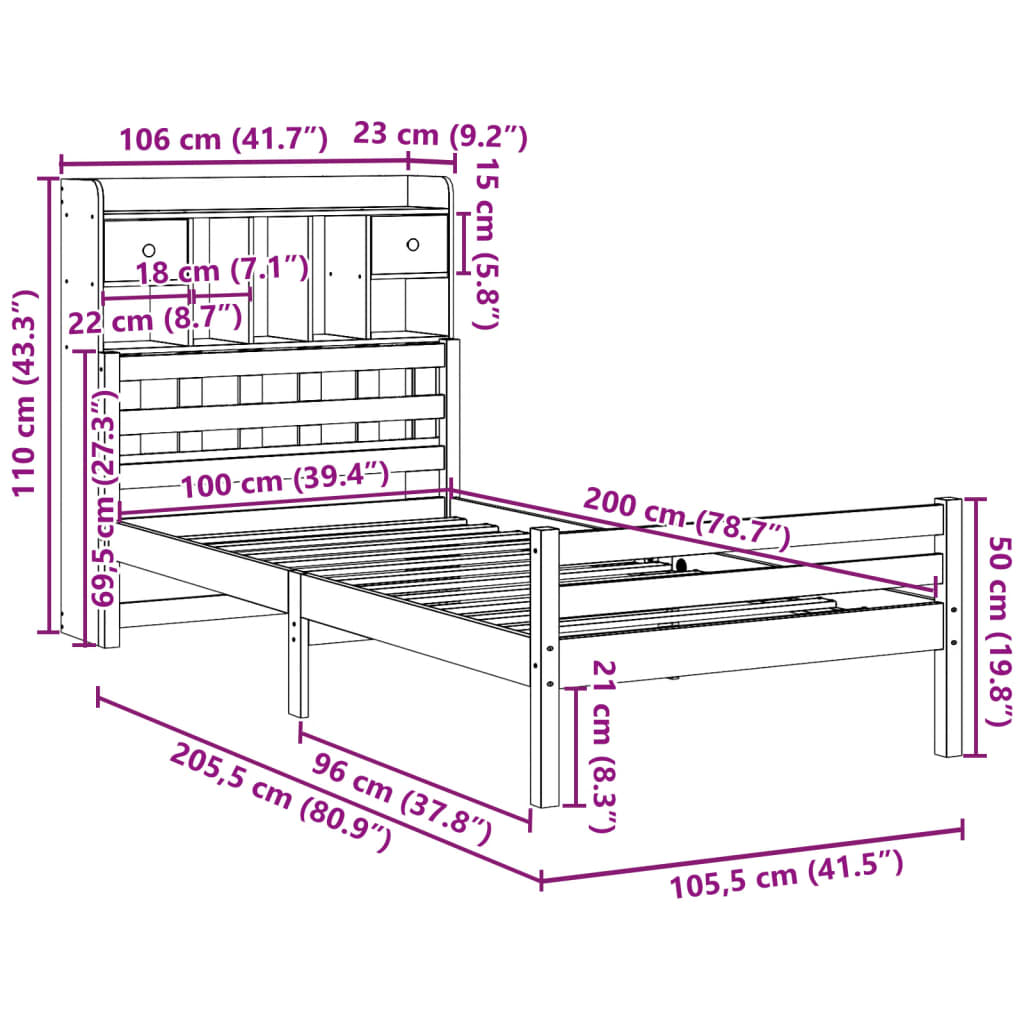 Letto Libreria senza Materasso 100x200 cm in Legno di Pino | homemem39