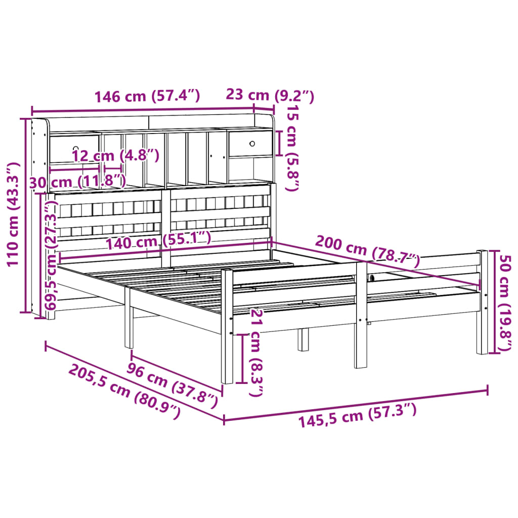 Letto Libreria senza Materasso 140x200 cm in Legno di Pino | homemem39