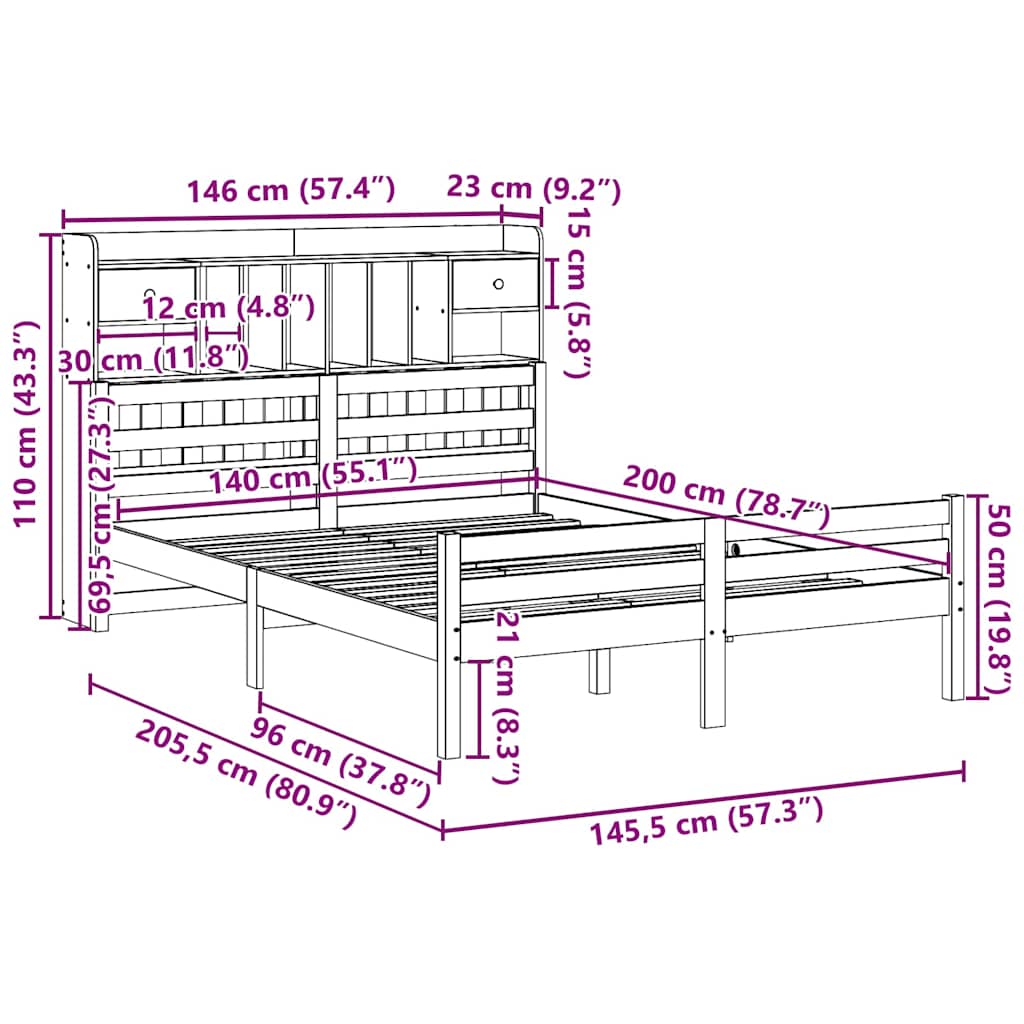 Letto Libreria senza Materasso Bianco 140x200 cm Legno di Pino | homemem39