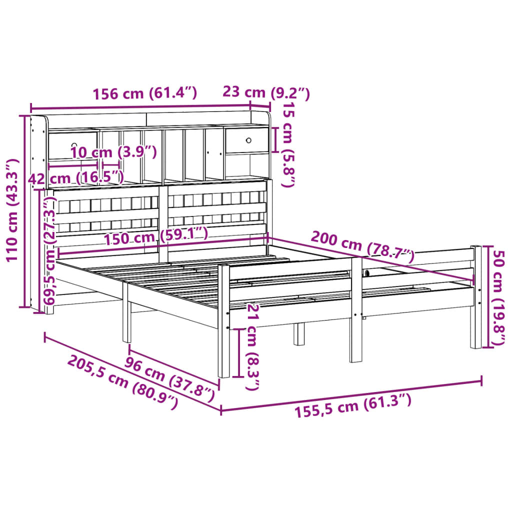 Letto Libreria senza Materasso Bianco 150x200 cm Legno di Pino | homemem39