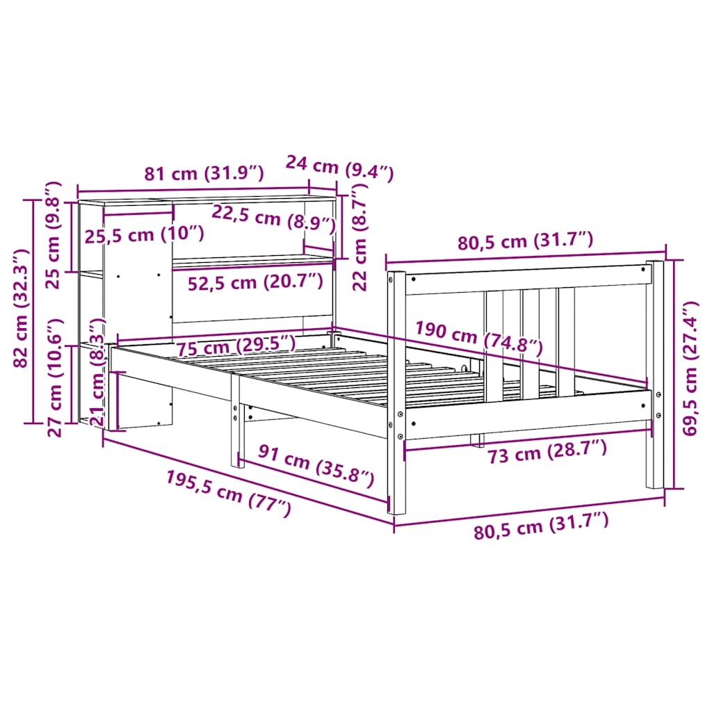 Giroletto con Libreria senza Materasso 75x190 cm in Legno Pino | homemem39