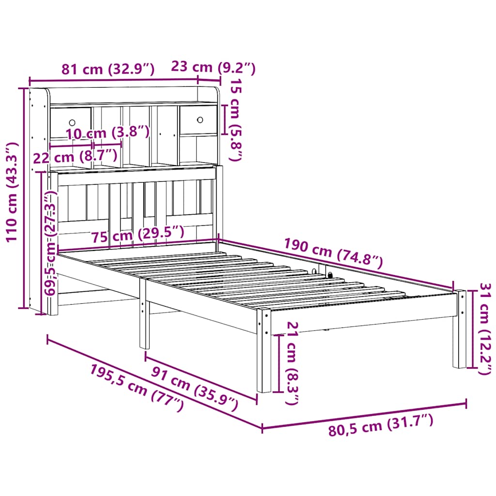 Giroletto con Libreria senza Materasso 75x190 cm in Legno Pino | homemem39