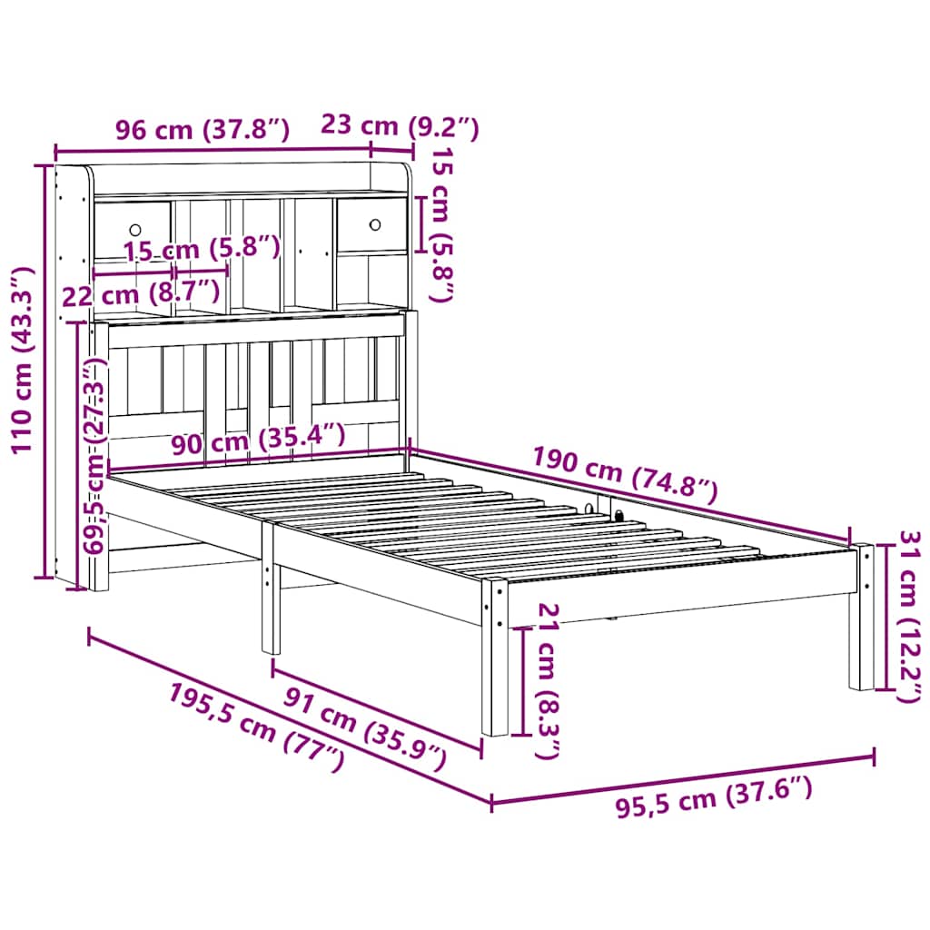 Letto Libreria senza Materasso 90x190 cm Legno Massello Pino | homemem39
