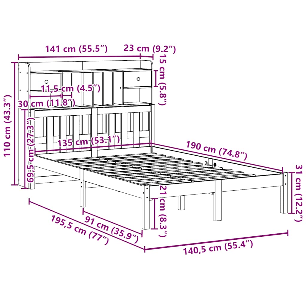 Letto Libreria senza Materasso 135x190 cm in Legno di Pino | homemem39