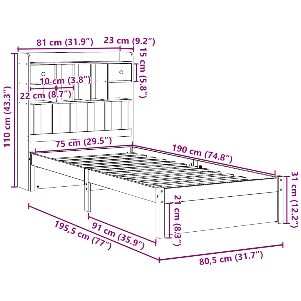 Giroletto con Libreria senza Materasso 75x190 cm in Legno Pino | homemem39