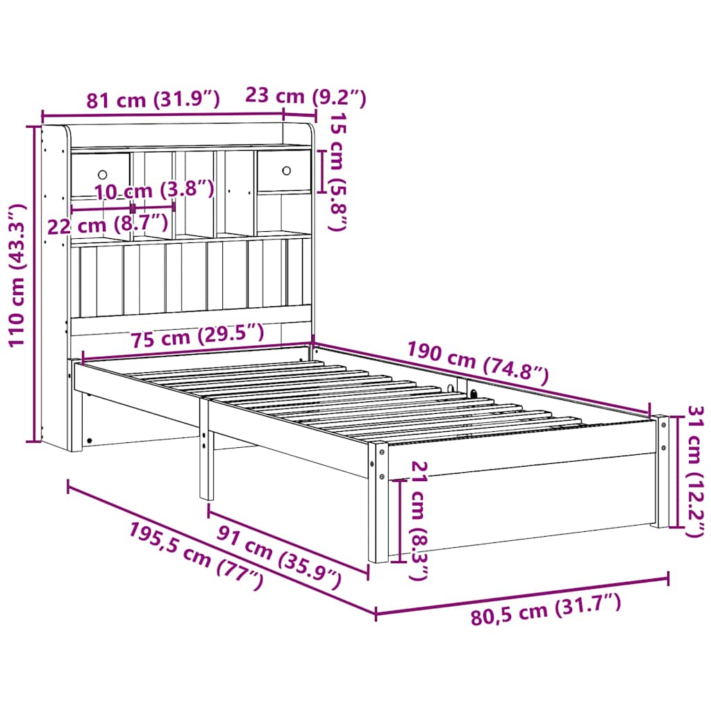 Letto con Libreria senza Materasso 75x190 cm in Legno Pino | homemem39