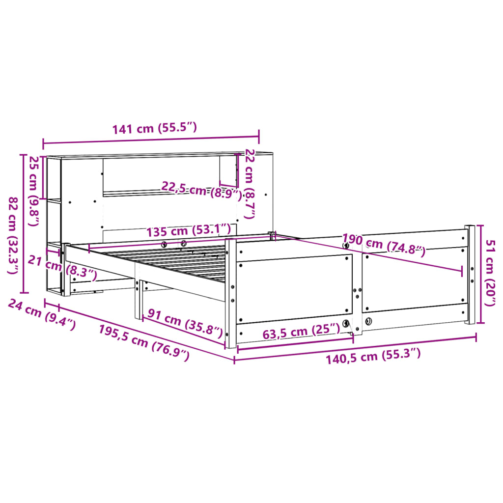 Letto Libreria senza Materasso Bianco 135x190 cm Legno di Pino | homemem39