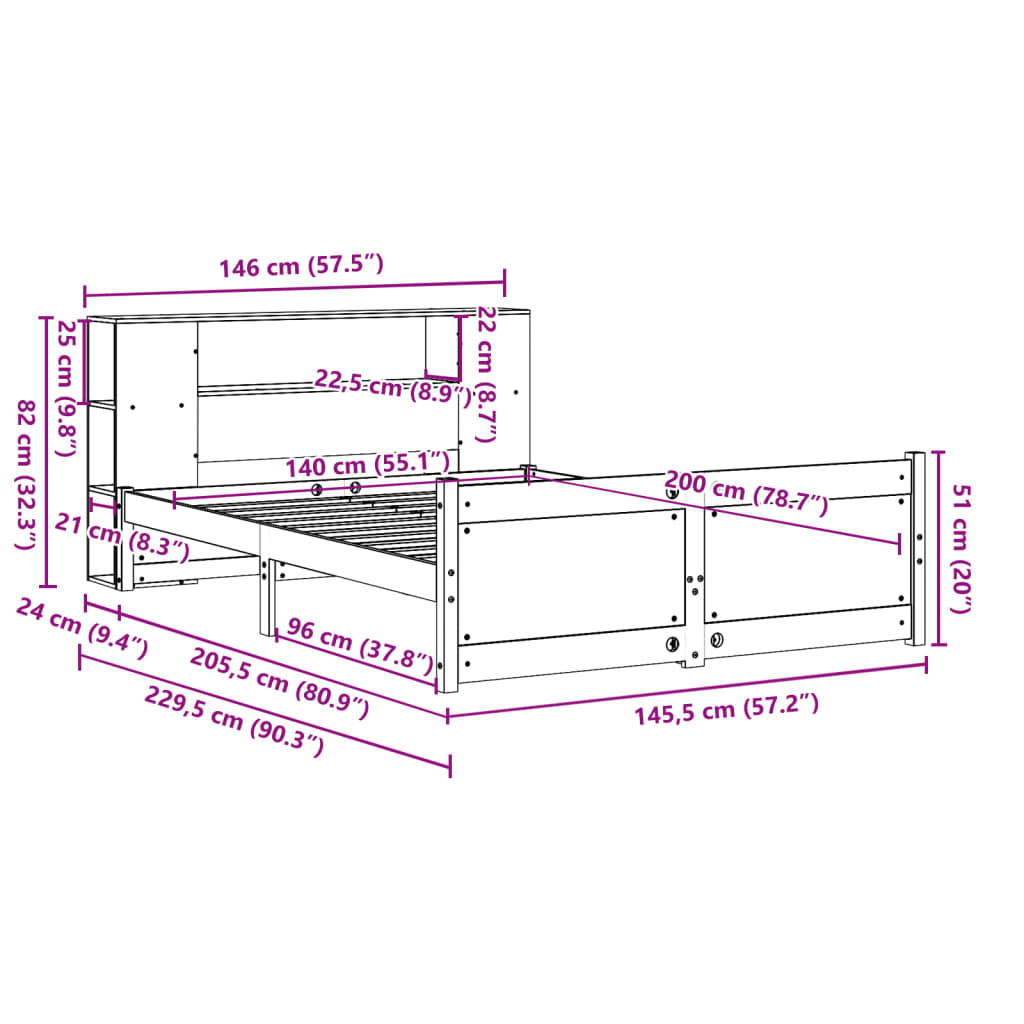 Letto Libreria senza Materasso Bianco 140x200 cm Legno di Pino | homemem39