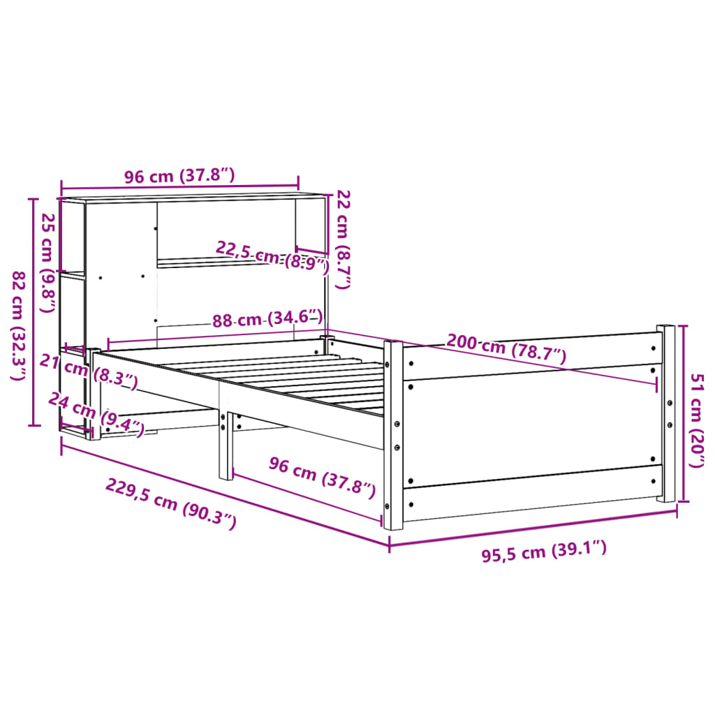 Letto Libreria senza Materasso Bianca 90x200 cm Legno di Pino