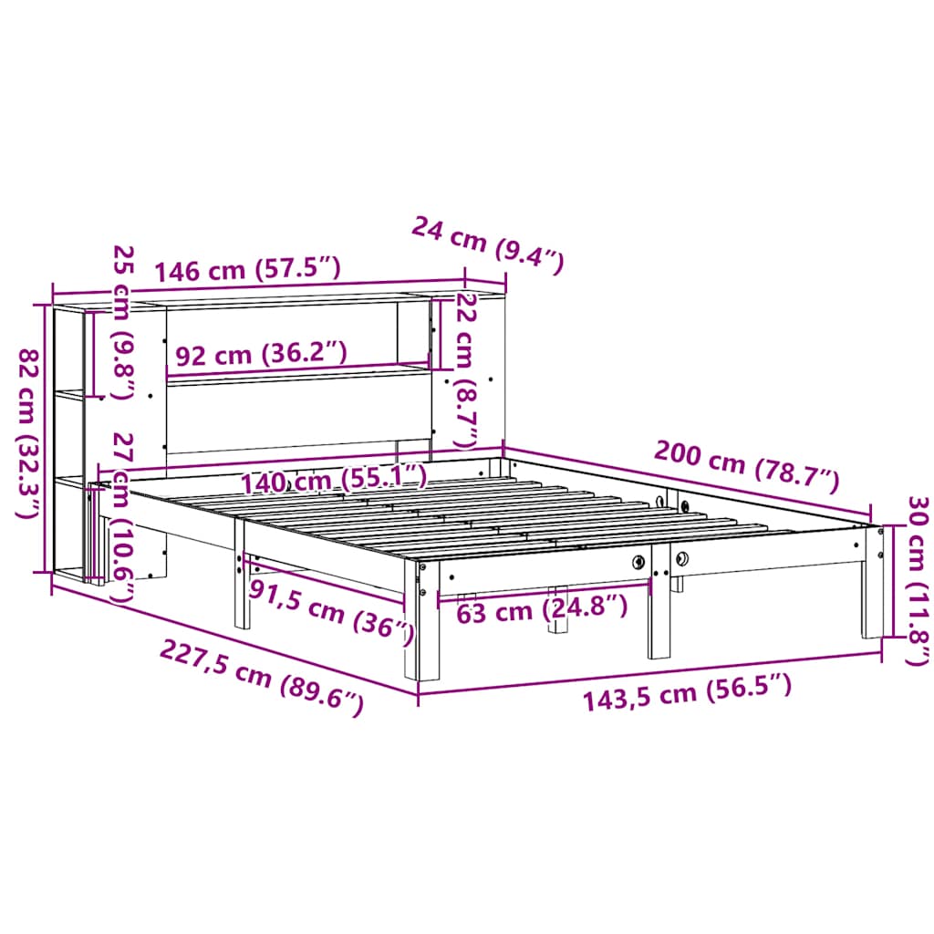 Letto Libreria senza Materasso Bianco 140x200 cm Legno di Pino | homemem39