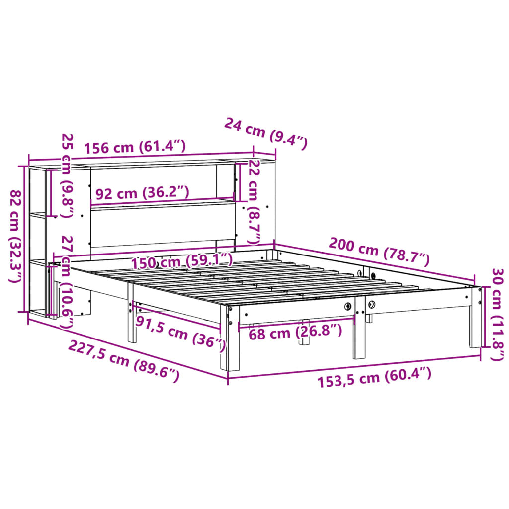 Letto Libreria senza Materasso Bianco 150x200 cm Legno di Pino | homemem39