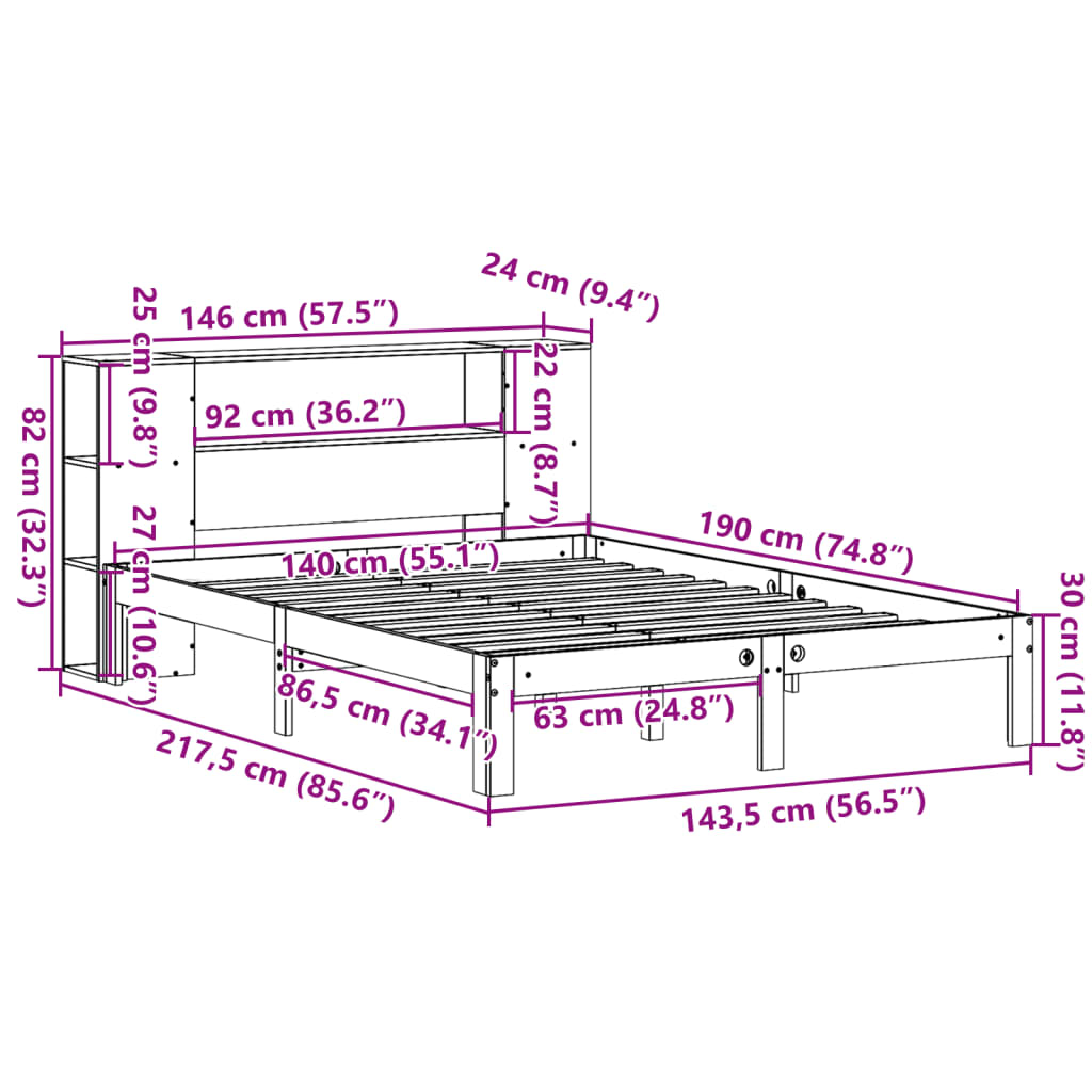 Letto Libreria senza Materasso Marrone Cera 140x190 cm in Pino | homemem39