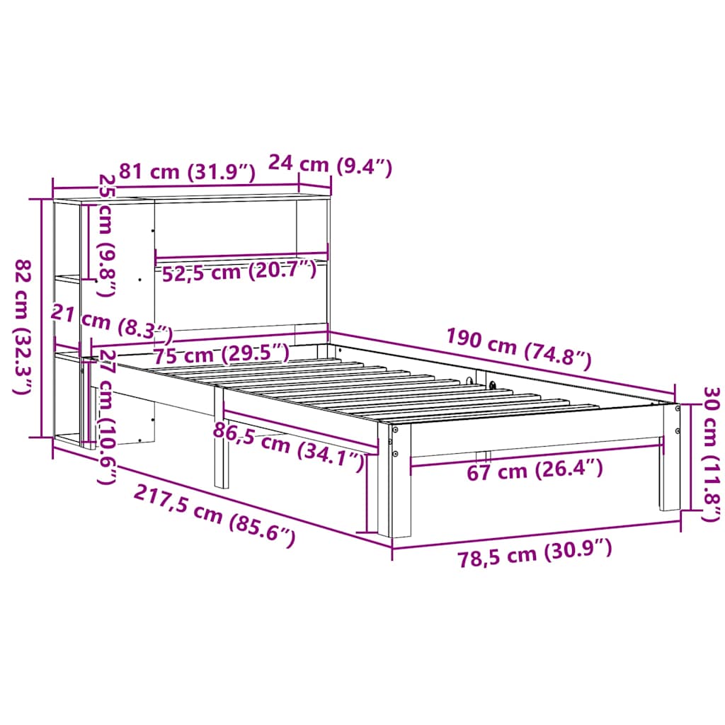 Letto con Libreria senza Materasso 75x190 cm in Legno Pino | homemem39