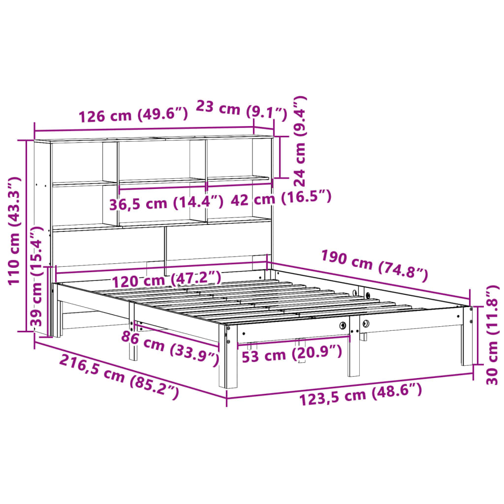 Letto Libreria senza Materasso Marrone Cera 120x190 cm in Pino | homemem39