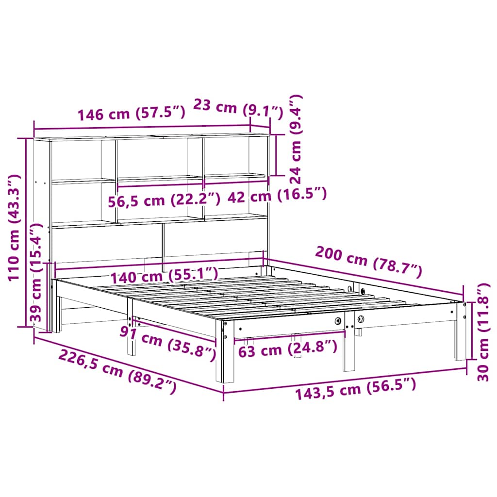 Letto Libreria senza Materasso Marrone Cera 140x200 cm in Pino | homemem39