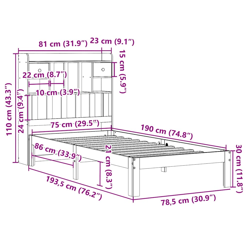 Letto con Libreria senza Materasso 75x190 cm in Legno Pino | homemem39