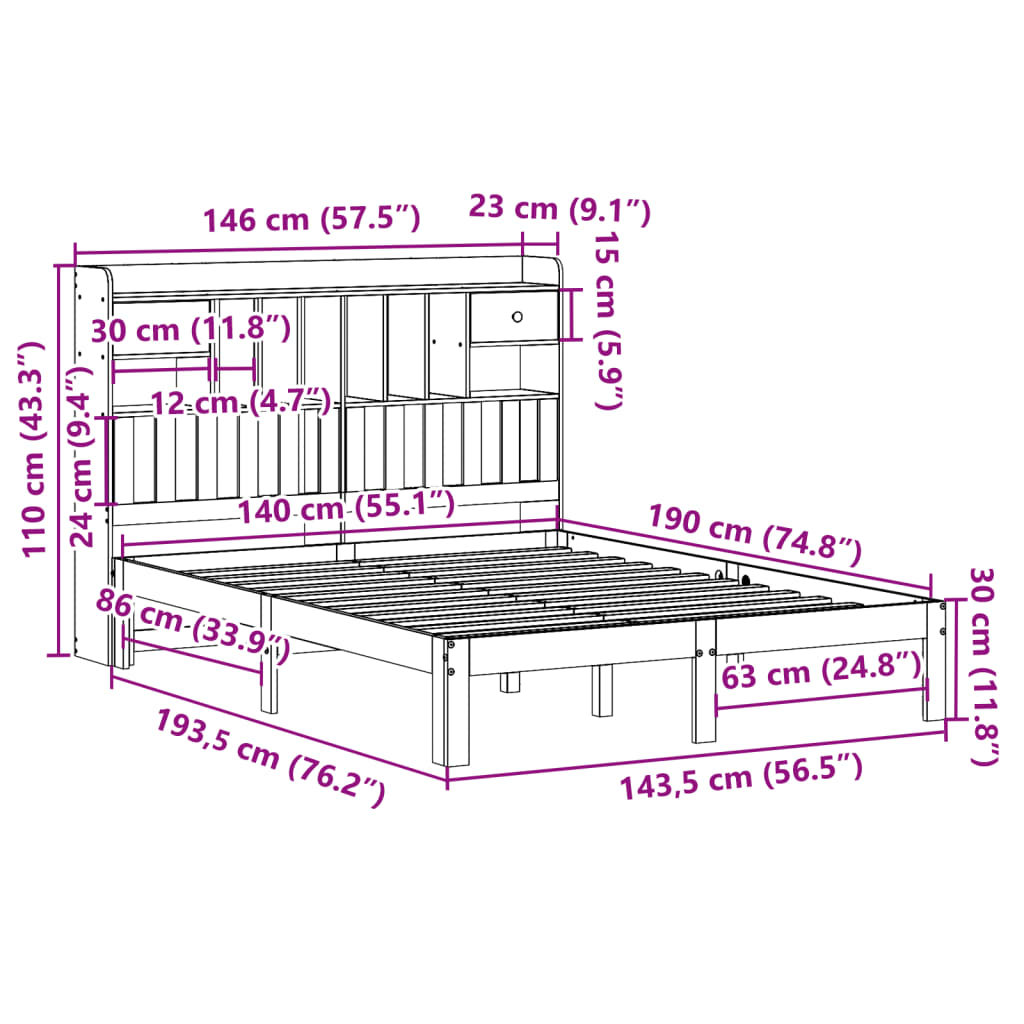 Letto Libreria senza Materasso Bianco 140x190 cm Legno di Pino | homemem39