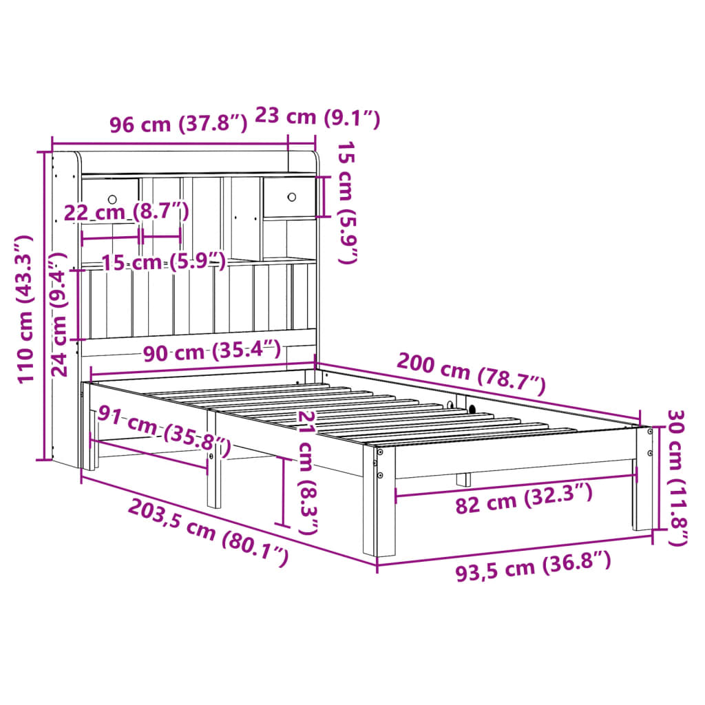 Letto Libreria senza Materasso 90x200 cm Legno Massello Pino | homemem39