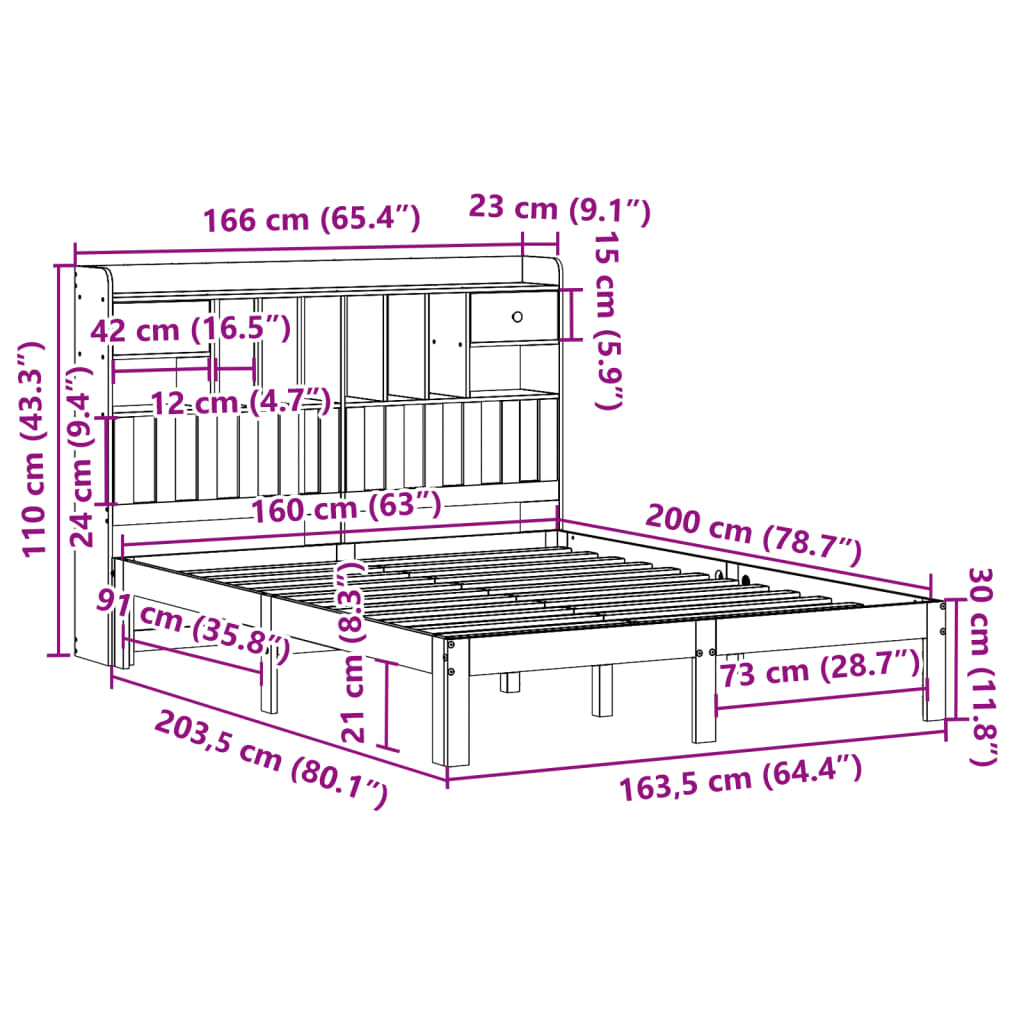 Letto Libreria senza Materasso Bianco 160x200 cm Legno di Pino | homemem39