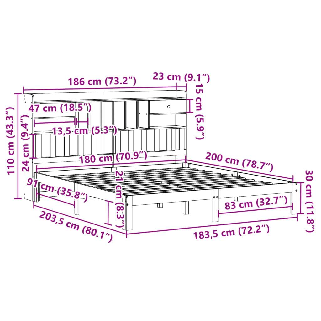 Letto Libreria senza Materasso 180x200 cm in Legno di Pino | homemem39