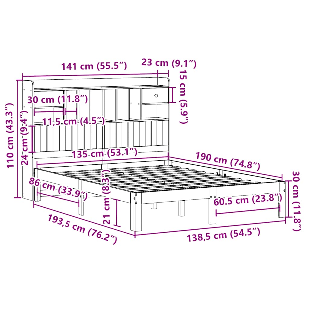 Letto Libreria senza Materasso Marrone Cera 135x190 cm in Pino | homemem39