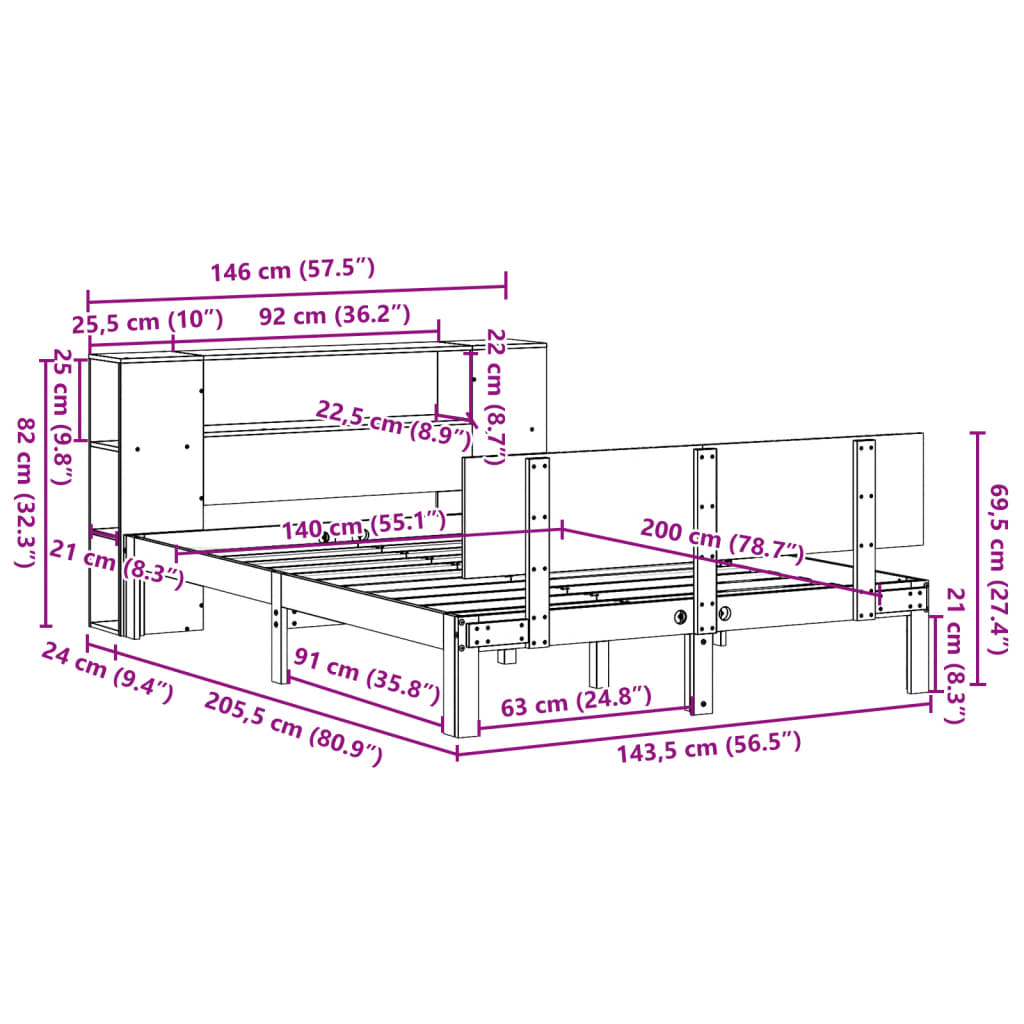 Letto Libreria senza Materasso Bianco 140x200 cm Legno di Pino | homemem39