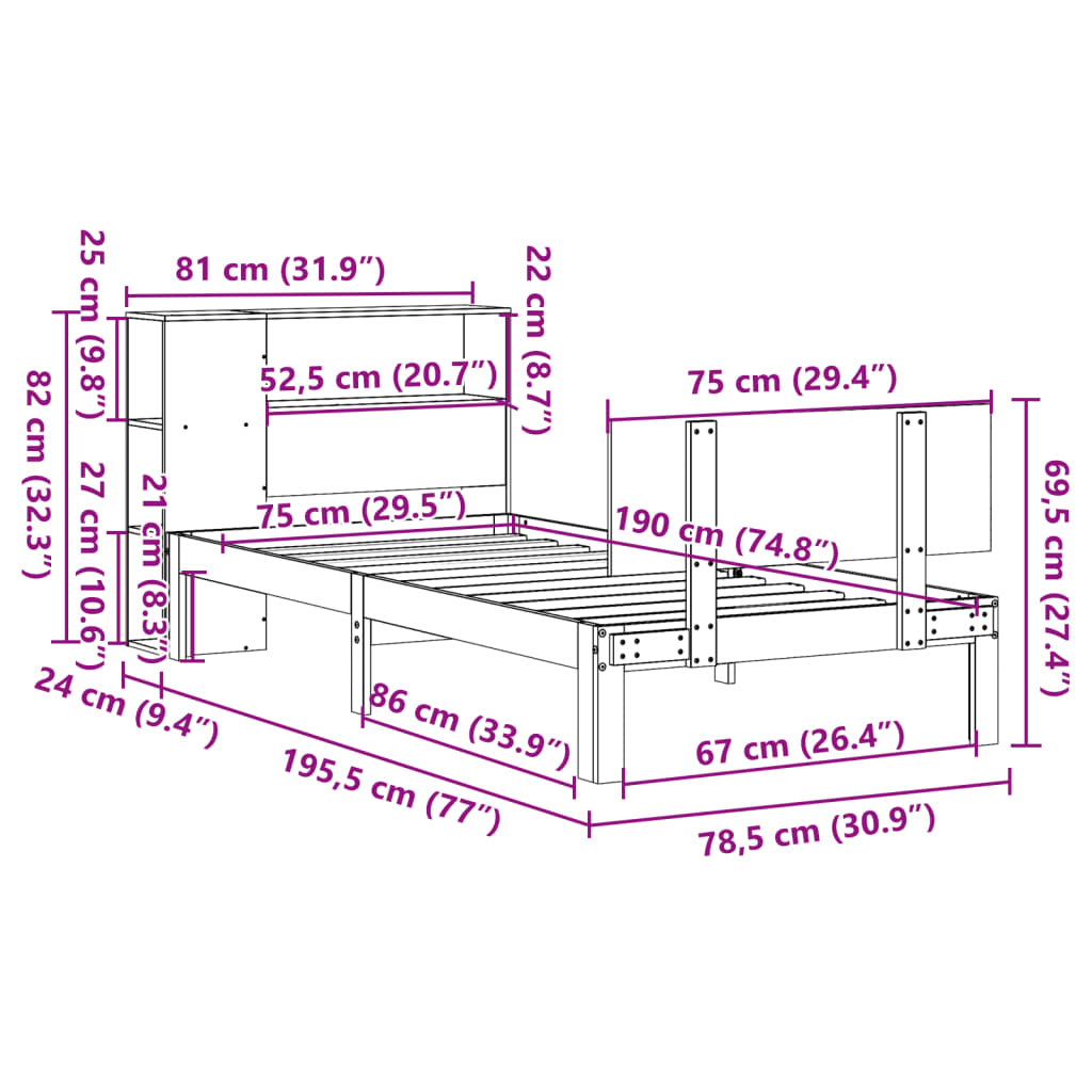 Giroletto con Libreria senza Materasso 75x190 cm in Legno Pino - homemem39