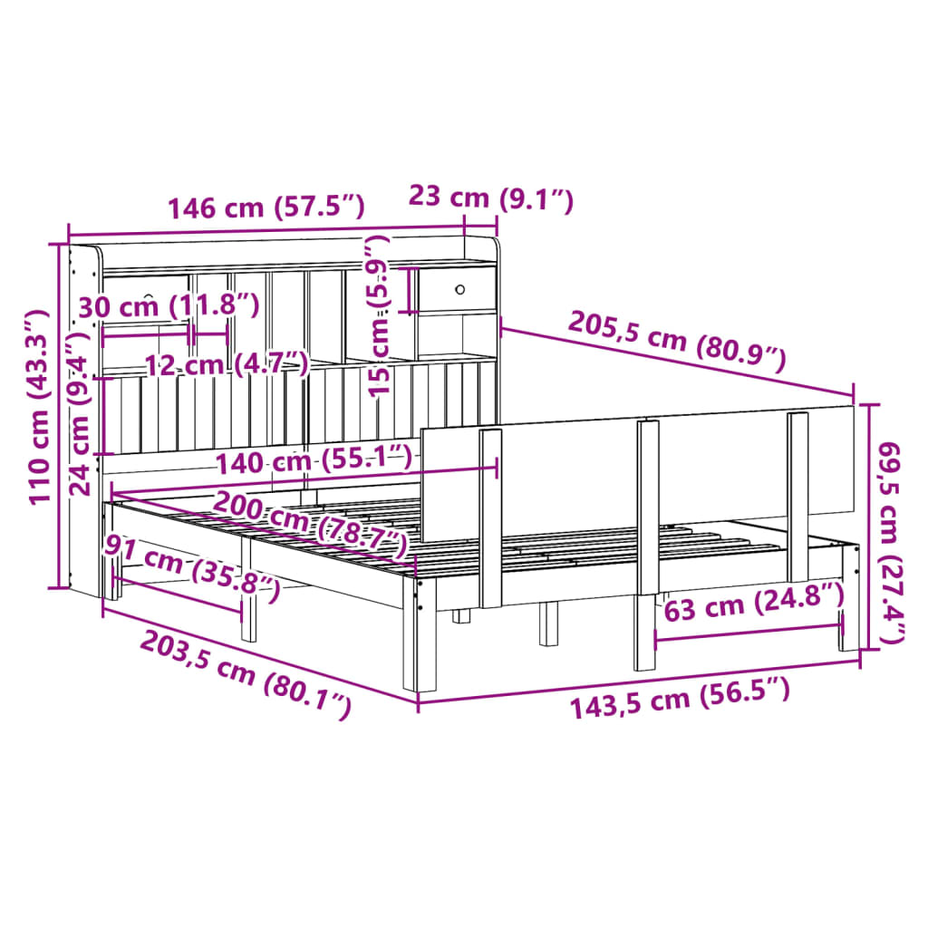 Letto Libreria senza Materasso Bianco 140x200 cm Legno di Pino | homemem39
