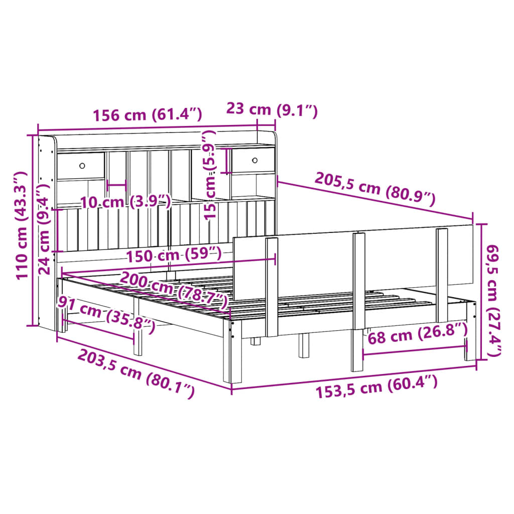 Letto Libreria senza Materasso Bianco 150x200 cm Legno di Pino | homemem39