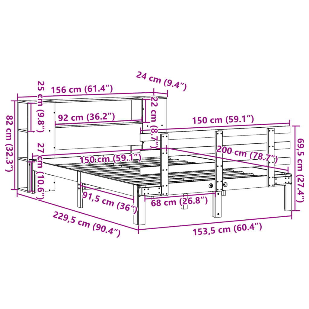 Letto Libreria senza Materasso Bianco 150x200 cm Legno di Pino | homemem39
