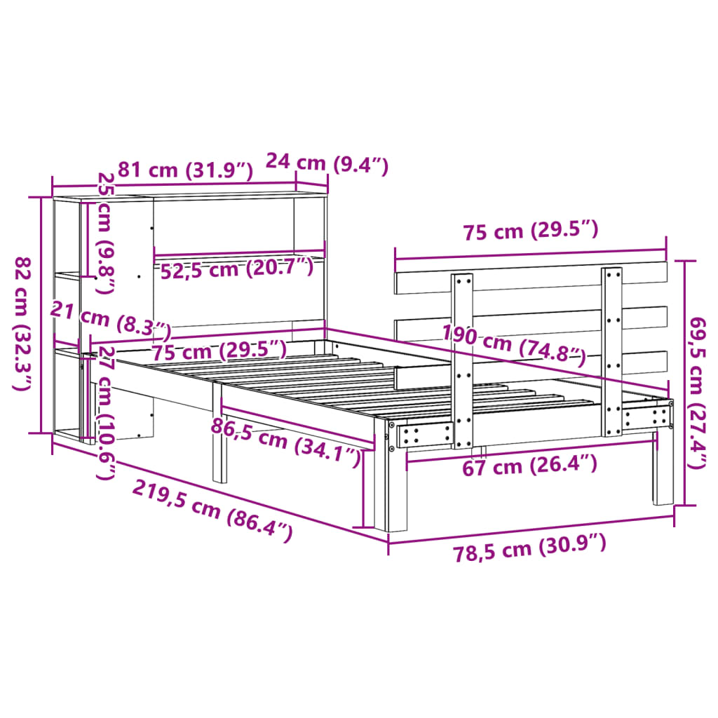 Giroletto con Libreria senza Materasso 75x190 cm in Legno Pino | homemem39