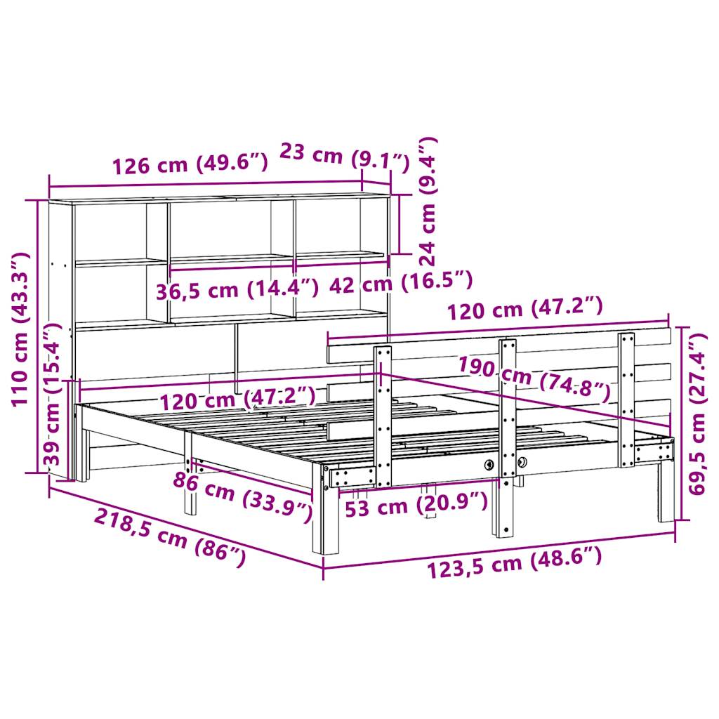 Letto Libreria senza Materasso 120x190 cm in Legno di Pino