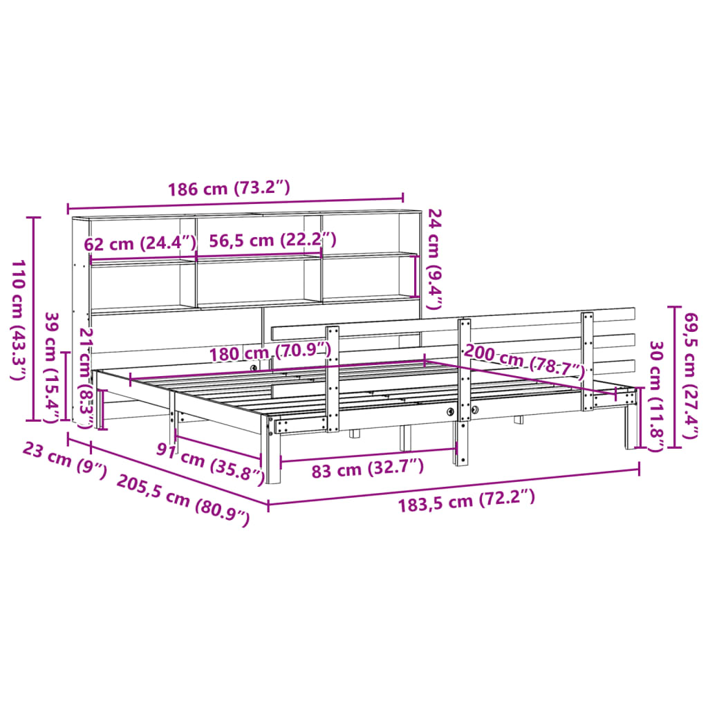 Giroletto con Libreria senza Materasso 180x200 cm in Legno Pino | homemem39