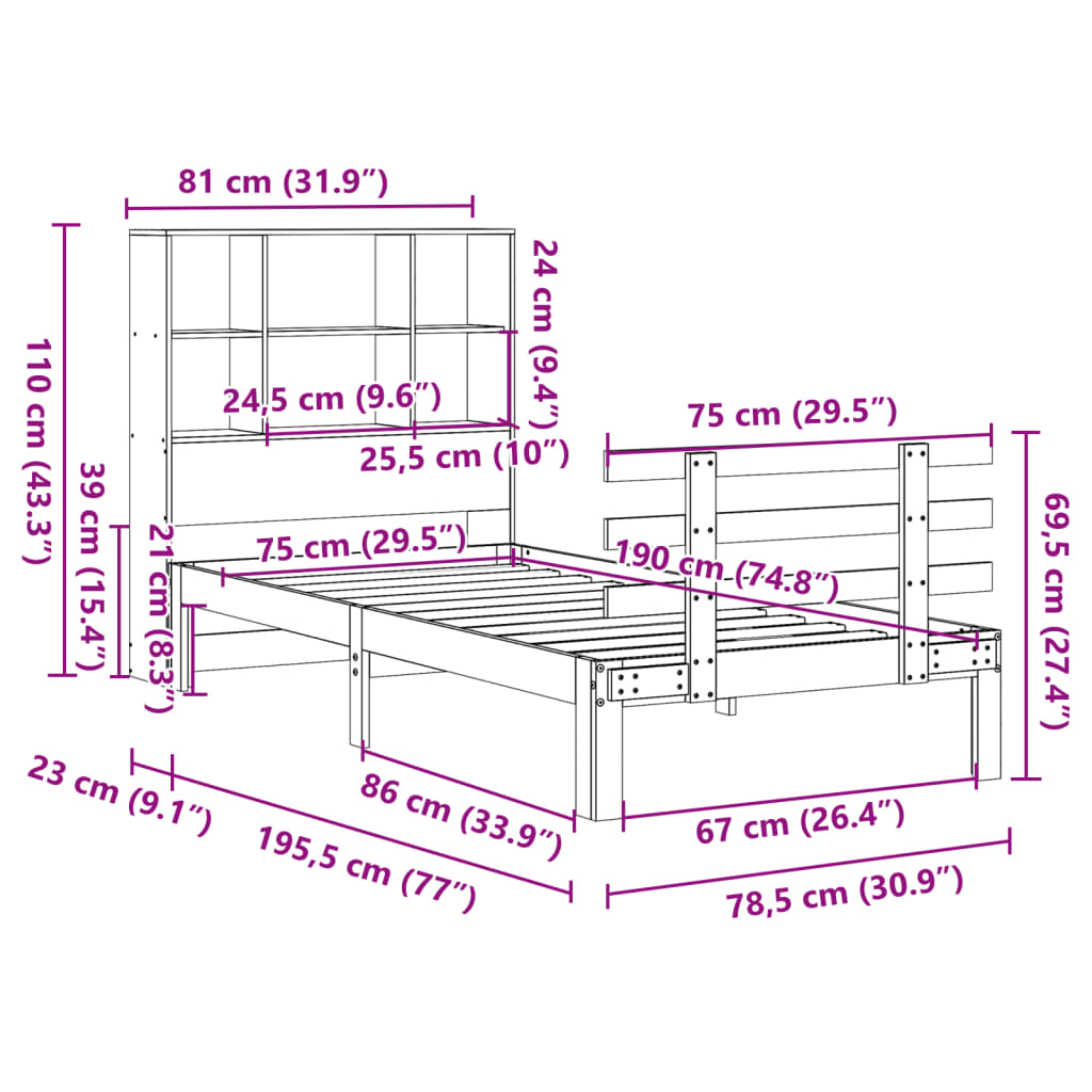 Letto Libreria senza Materasso Marrone Cera 75x190 cm in Pino | homemem39