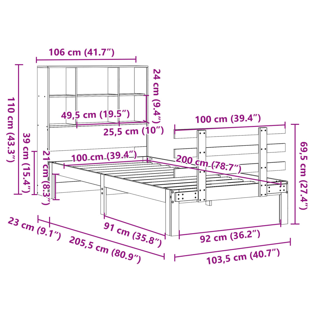 Letto Libreria senza Materasso Marrone Cera 100x200 cm in Pino | homemem39