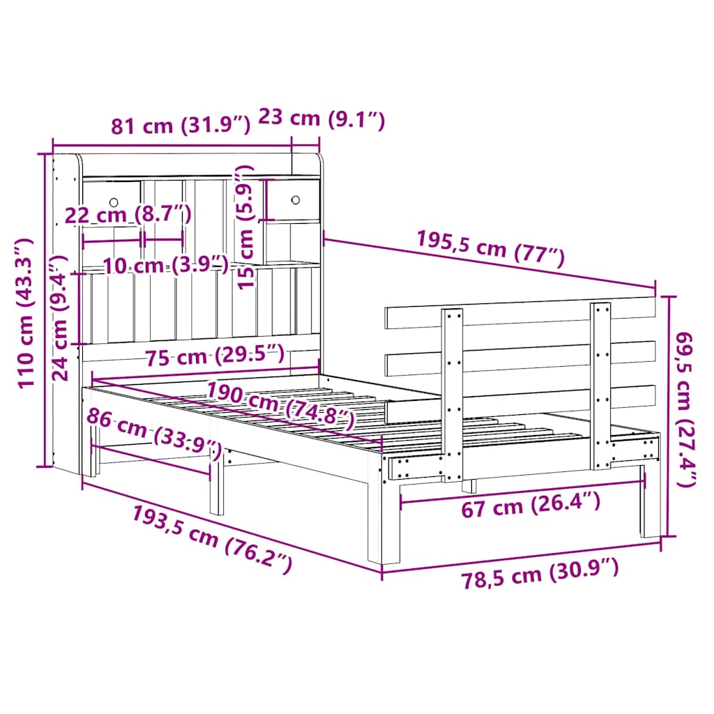 Giroletto con Libreria senza Materasso 75x190 cm in Legno Pino - homemem39