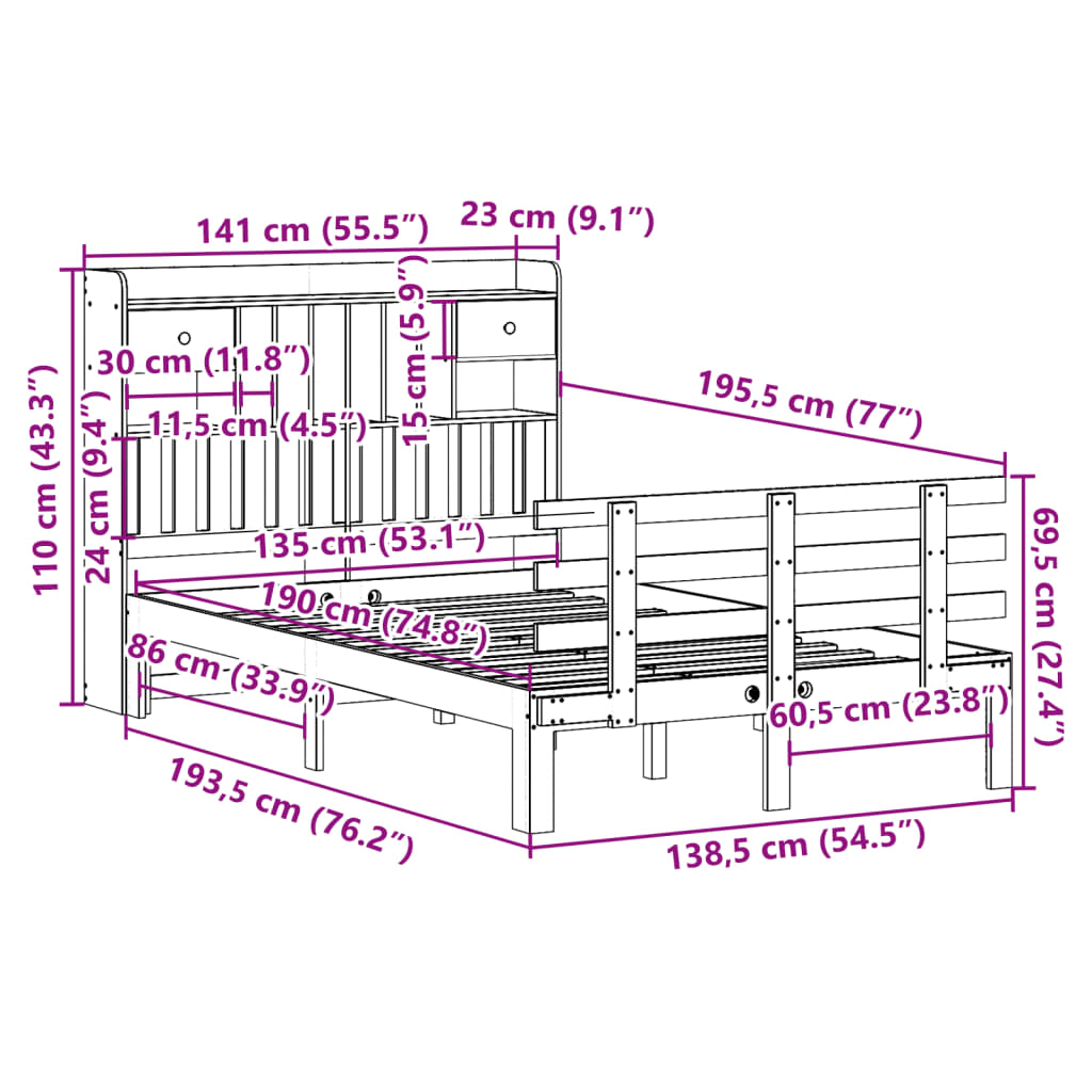 Letto Libreria senza Materasso 135x190 cm in Legno di Pino | homemem39