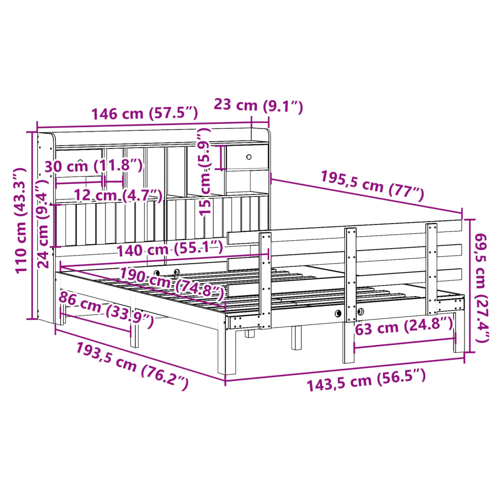 Letto Libreria senza Materasso 140x190 cm in Legno di Pino | homemem39