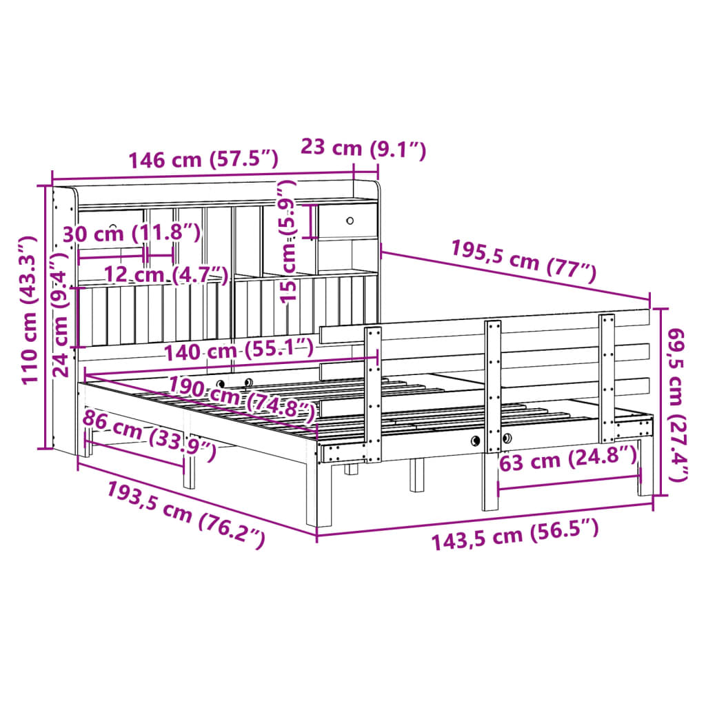 Letto Libreria senza Materasso Bianco 140x190 cm Legno di Pino | homemem39