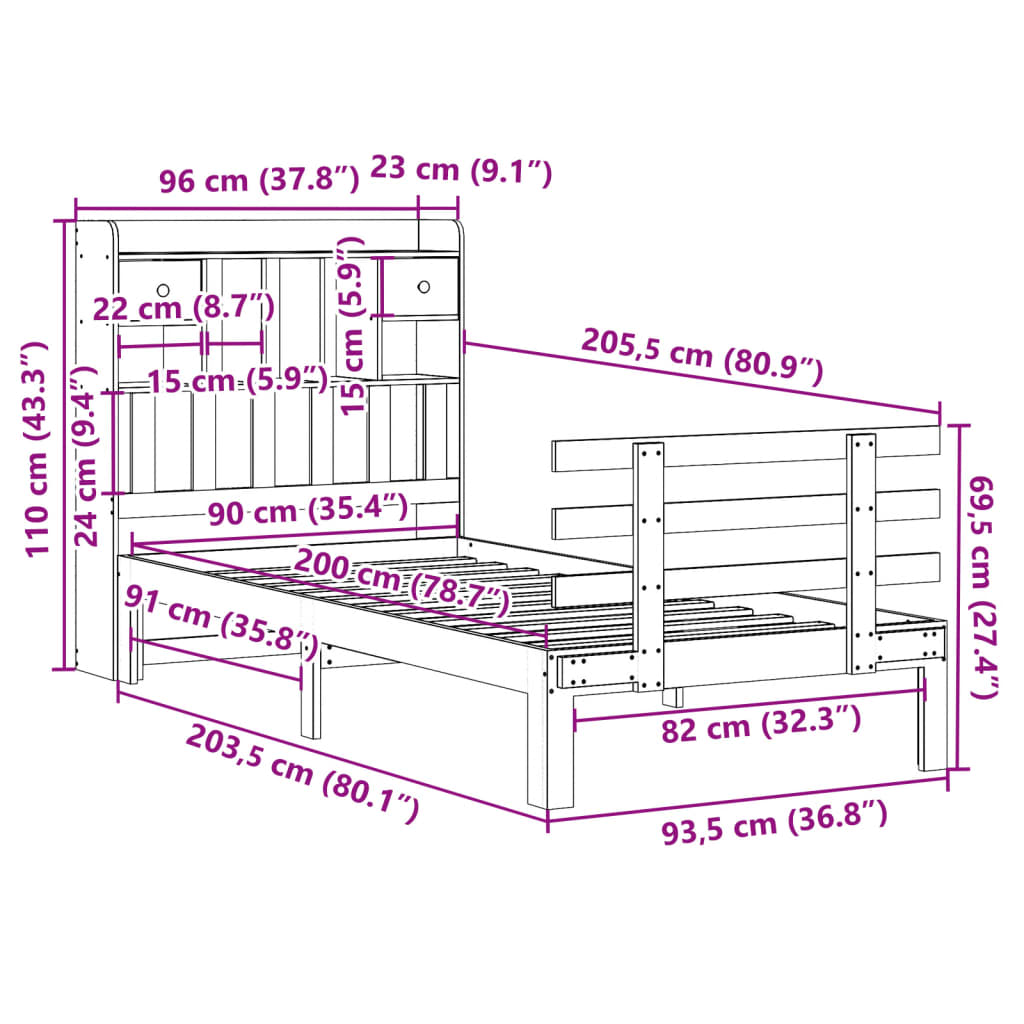 Letto Libreria senza Materasso Bianca 90x200 cm Legno di Pino | homemem39