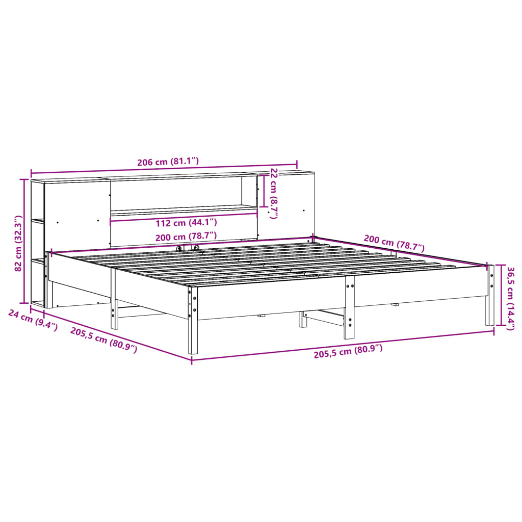 Letto Libreria senza Materasso Marrone Cera 200x200 cm in Pino | homemem39