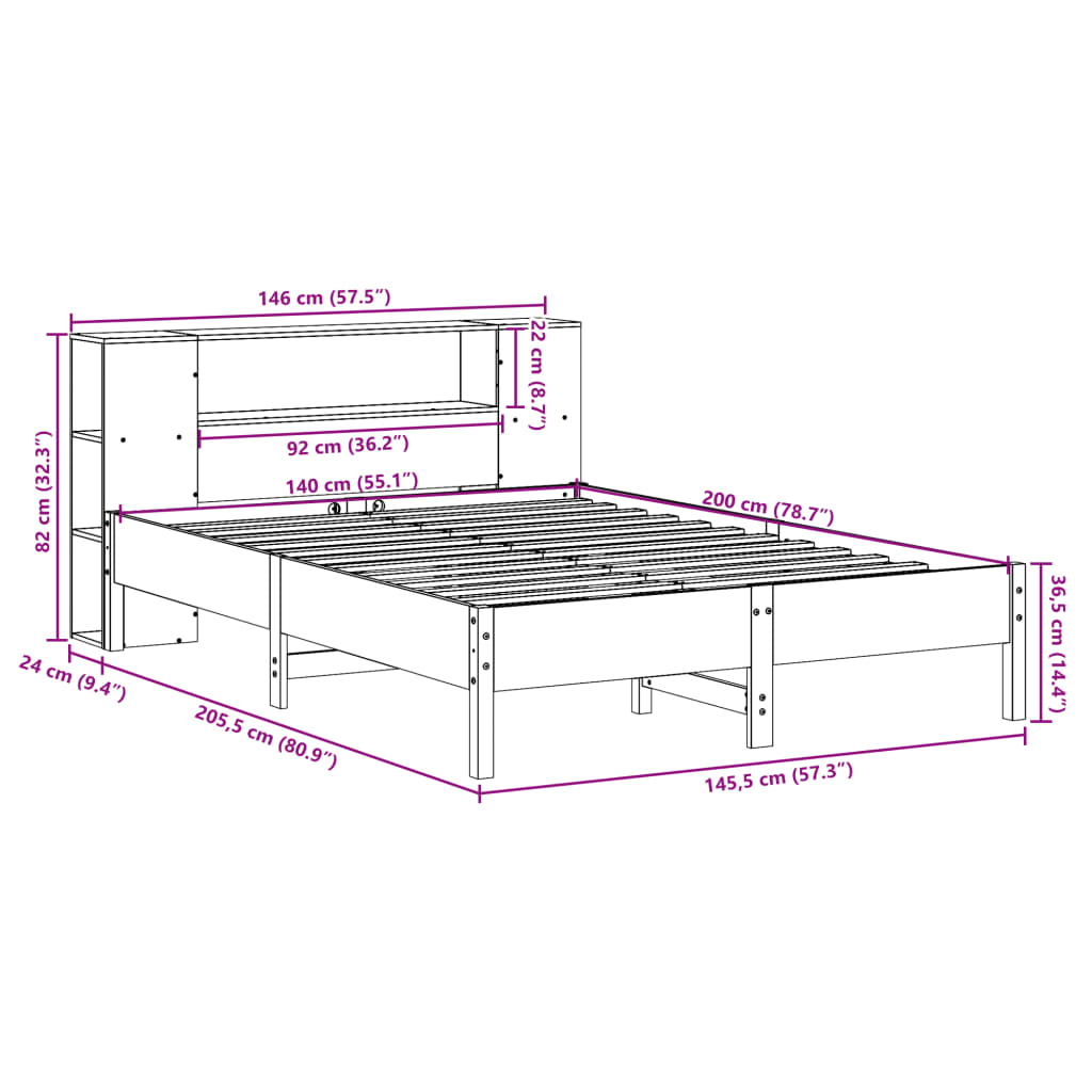 Letto Libreria senza Materasso Marrone Cera 140x200 cm in Pino | homemem39